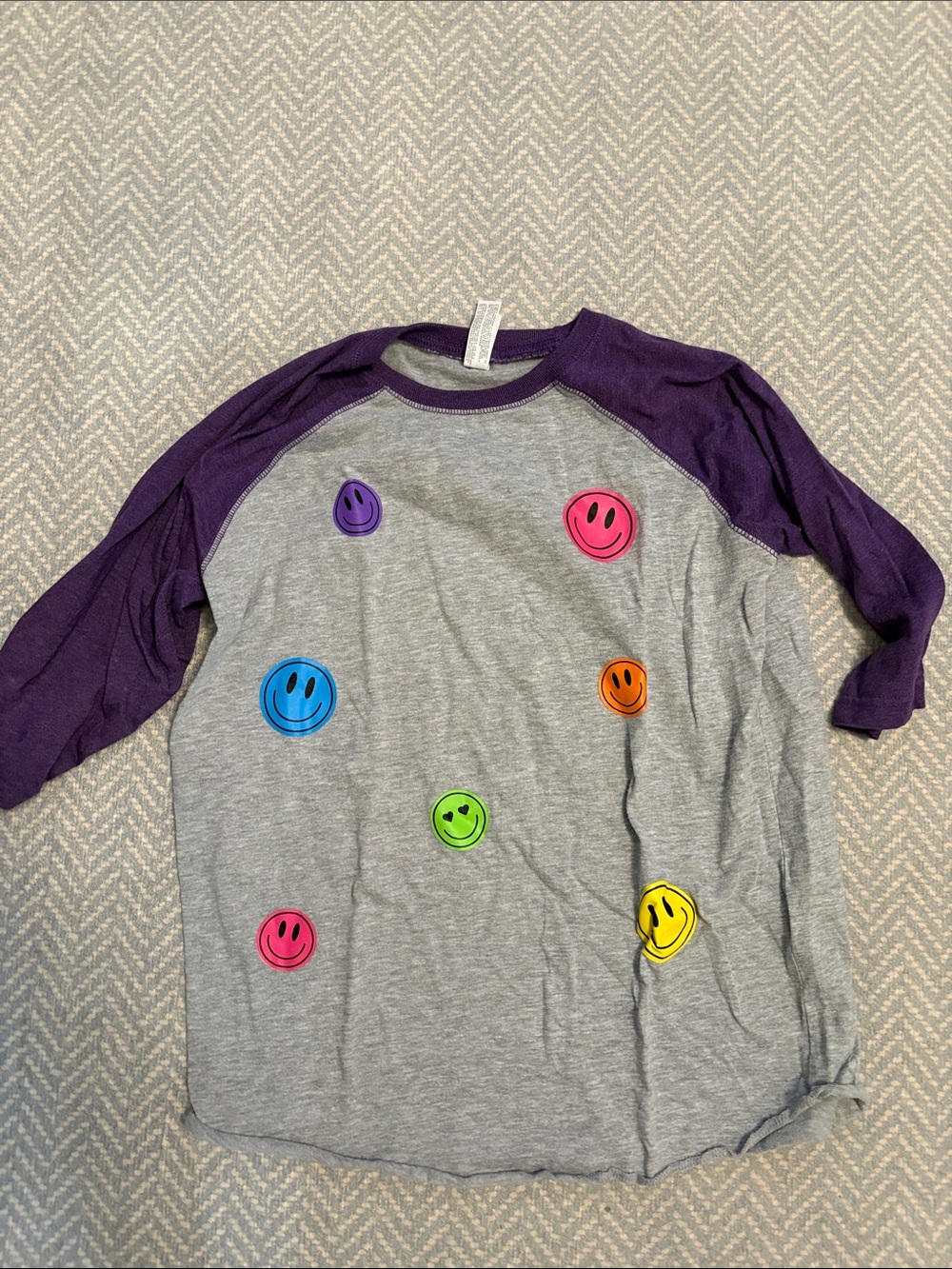 Kids Grey Raglan Long-Sleeve Tee with Purple Sleeves and Colorful Smiley Faces